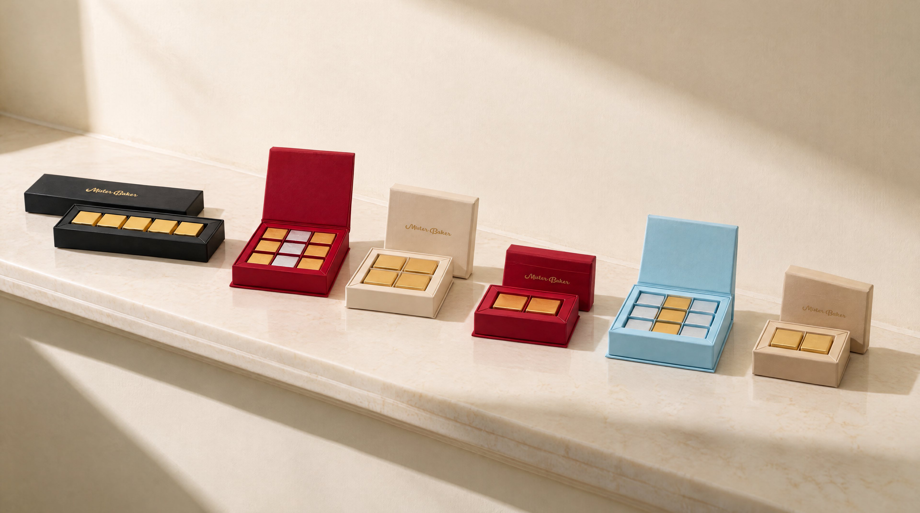 Mister Baker corporate chocolate gift boxes in black, red, cream, blue and beige on a marble counter